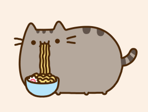 A round gray cat enjoying a bowl of noodles